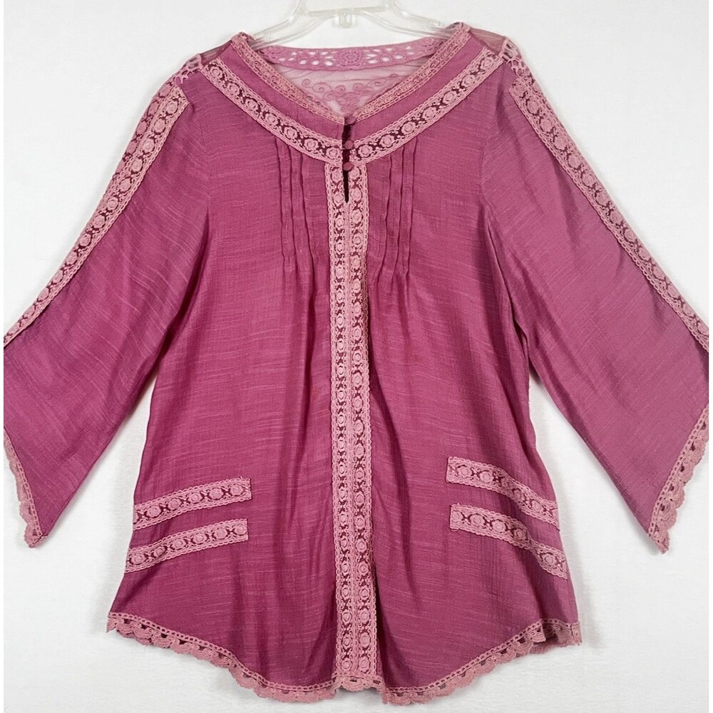 Pink Embroidered tunic fairycore Boho Hippie Peasant Crochet Trim SZ Large READ